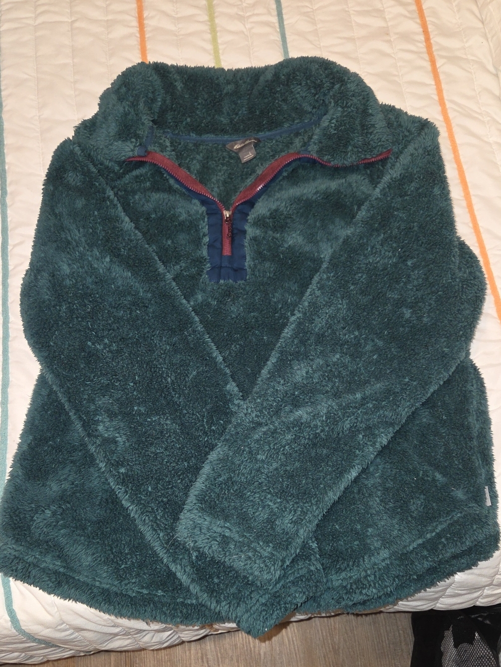 Eddie Bauer Cozy Green Sherpa Pullover with Contrast Zip